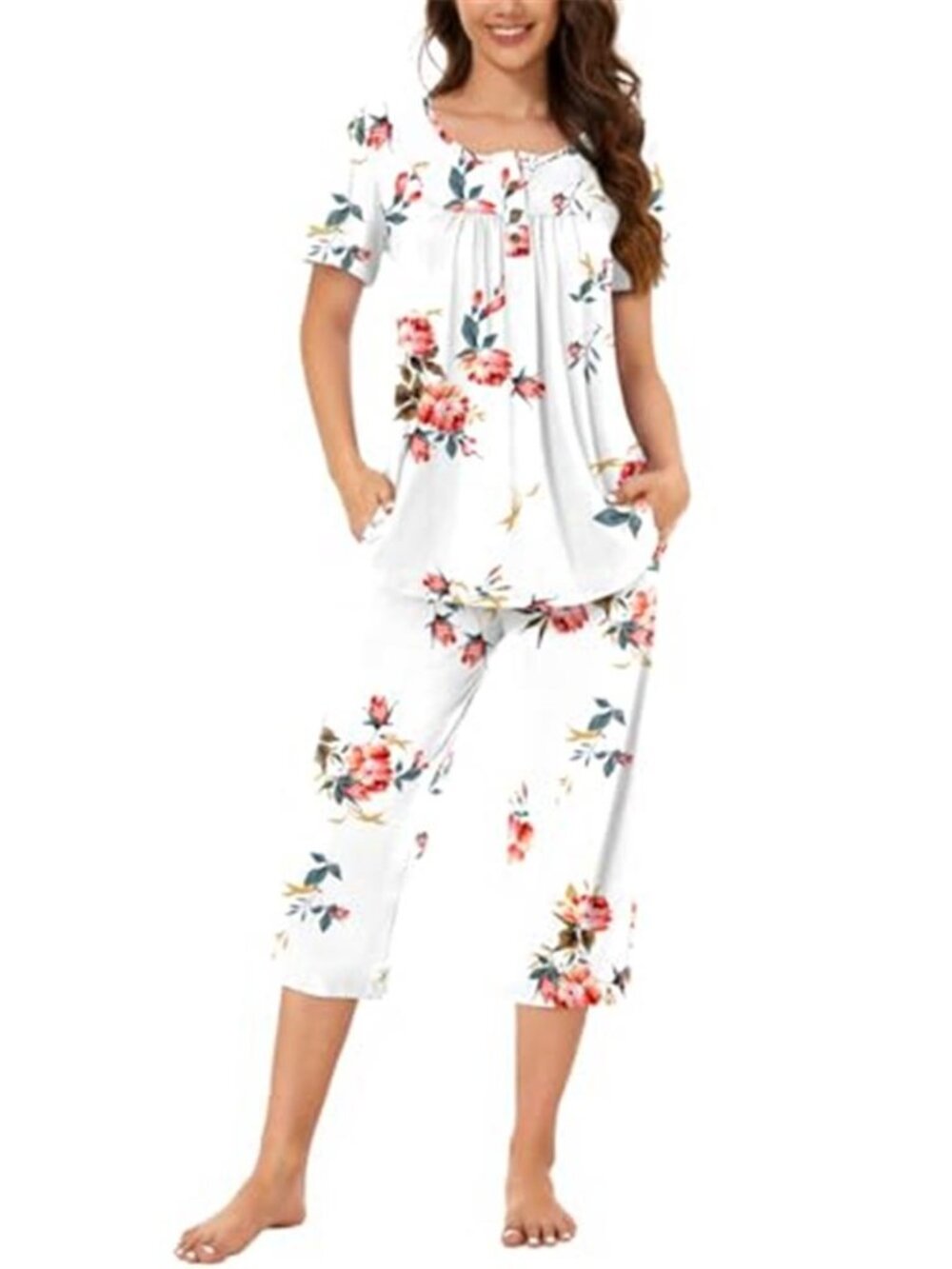Bestbee Floral Pajama Set Short Sleeve Top & Capri Pants with Pockets
